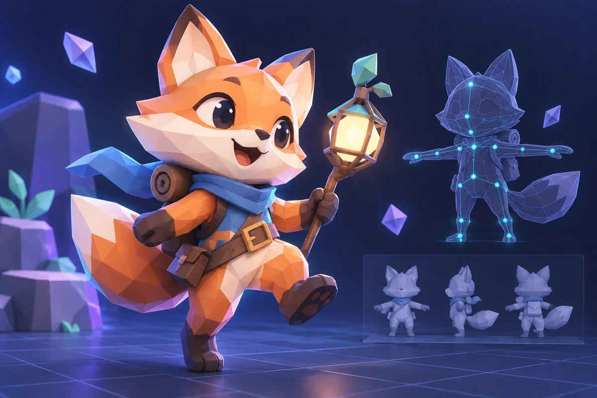 A low poly game character with rig and wireframe overlays